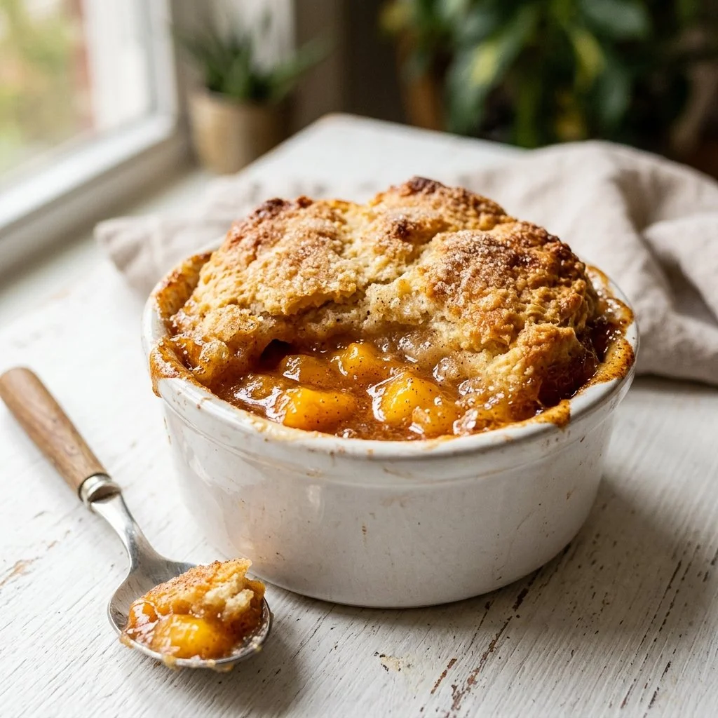 Delicious homemade peach cobbler served warm with ice cream