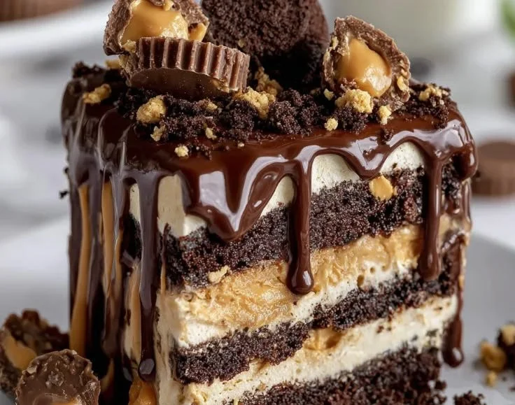 Delicious Peanut Butter Icebox Cake layered with creamy peanut butter and graham crackers.