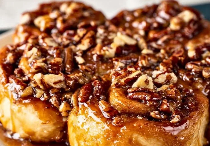 Freshly baked pecan cinnamon rolls drizzled with icing on a rustic wooden table.
