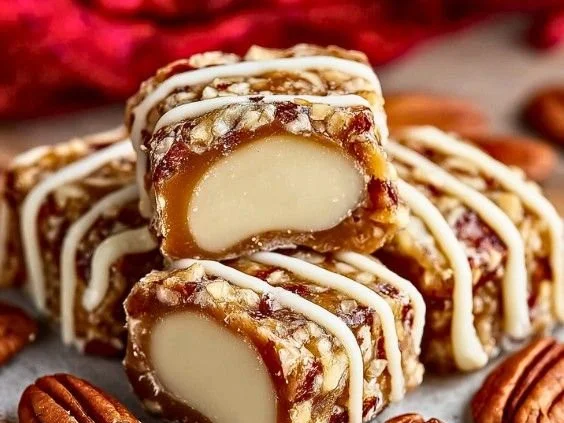 Delicious Pecan Log Roll dessert with pecans and creamy filling