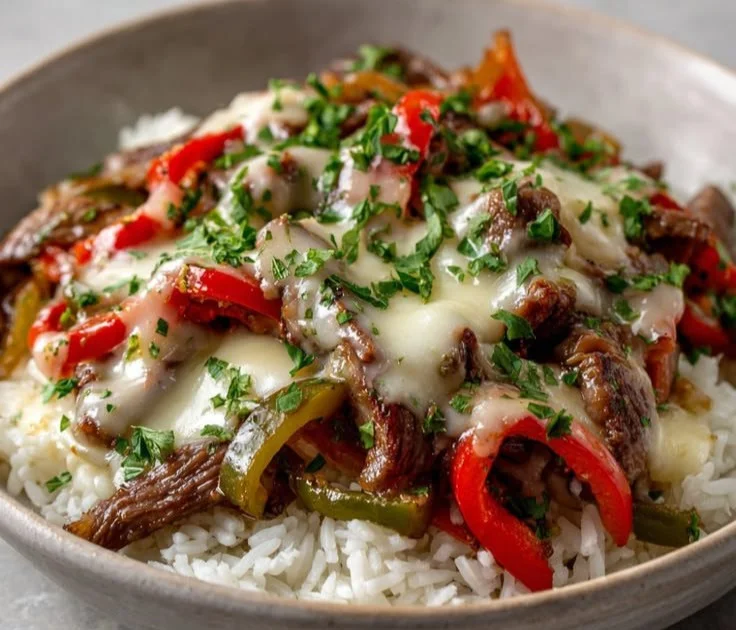 Hearty Philly Cheesesteak Bowl with beef, cheese, and vegetables