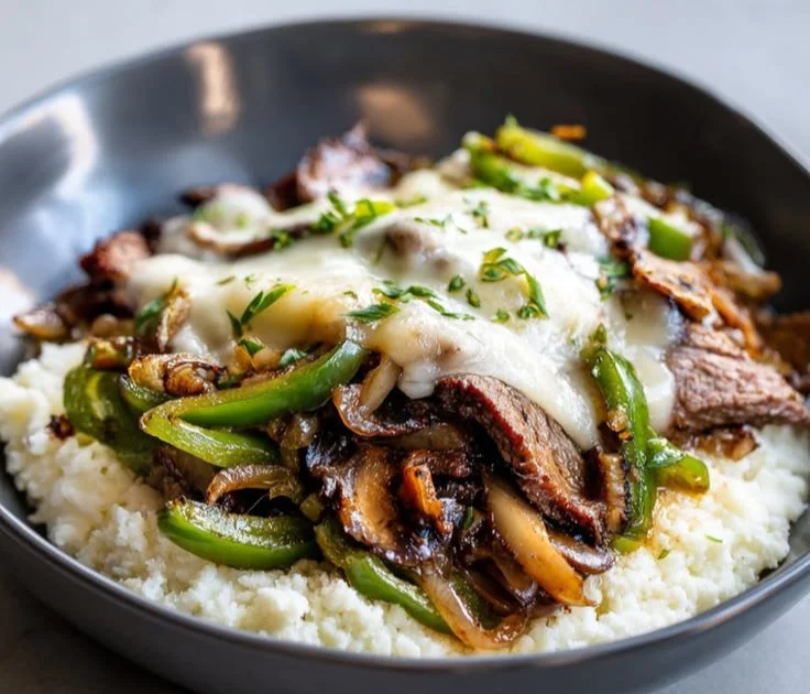 Delicious Philly-Style cheesesteak bowls with meat and vegetables.