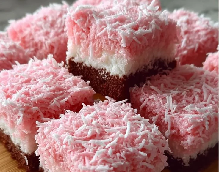 Delicious Pink Coconut Snowball Cake Bars topped with fluffy coconut frosting