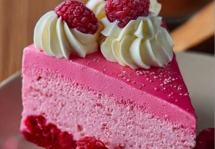 Delicious Pink Velvet Cake with Raspberry Cheesecake Layer on a white plate