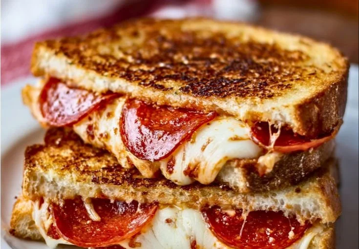 Delicious Pizza Grilled Cheese sandwich with melted cheese and pizza toppings