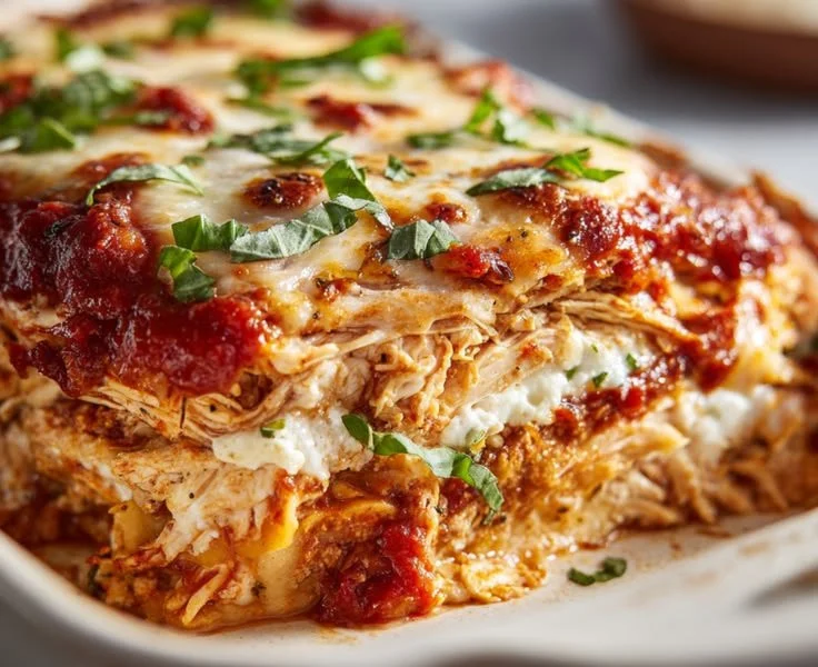 Delicious protein-packed chicken parmesan casserole ready to serve