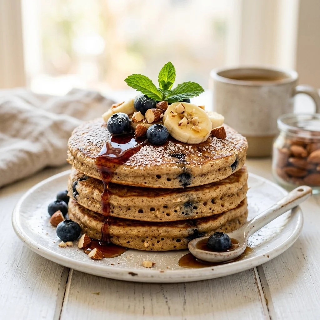 Delicious homemade Protein Pancakes topped with fresh berries and syrup