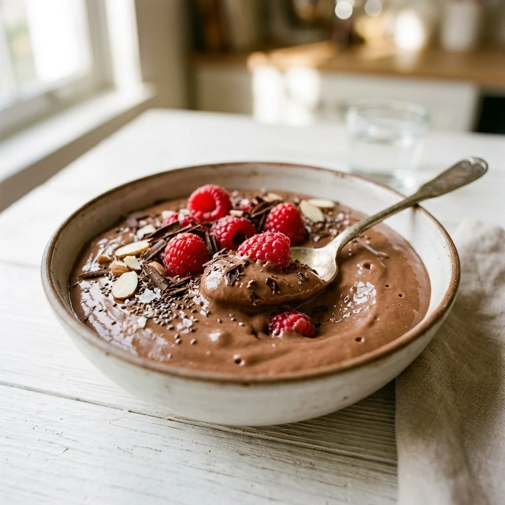 Homemade protein pudding in a bowl topped with fresh berries.
