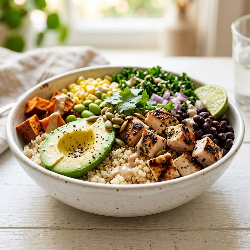 Delicious high-protein quinoa bowl topped with fresh vegetables and herbs.