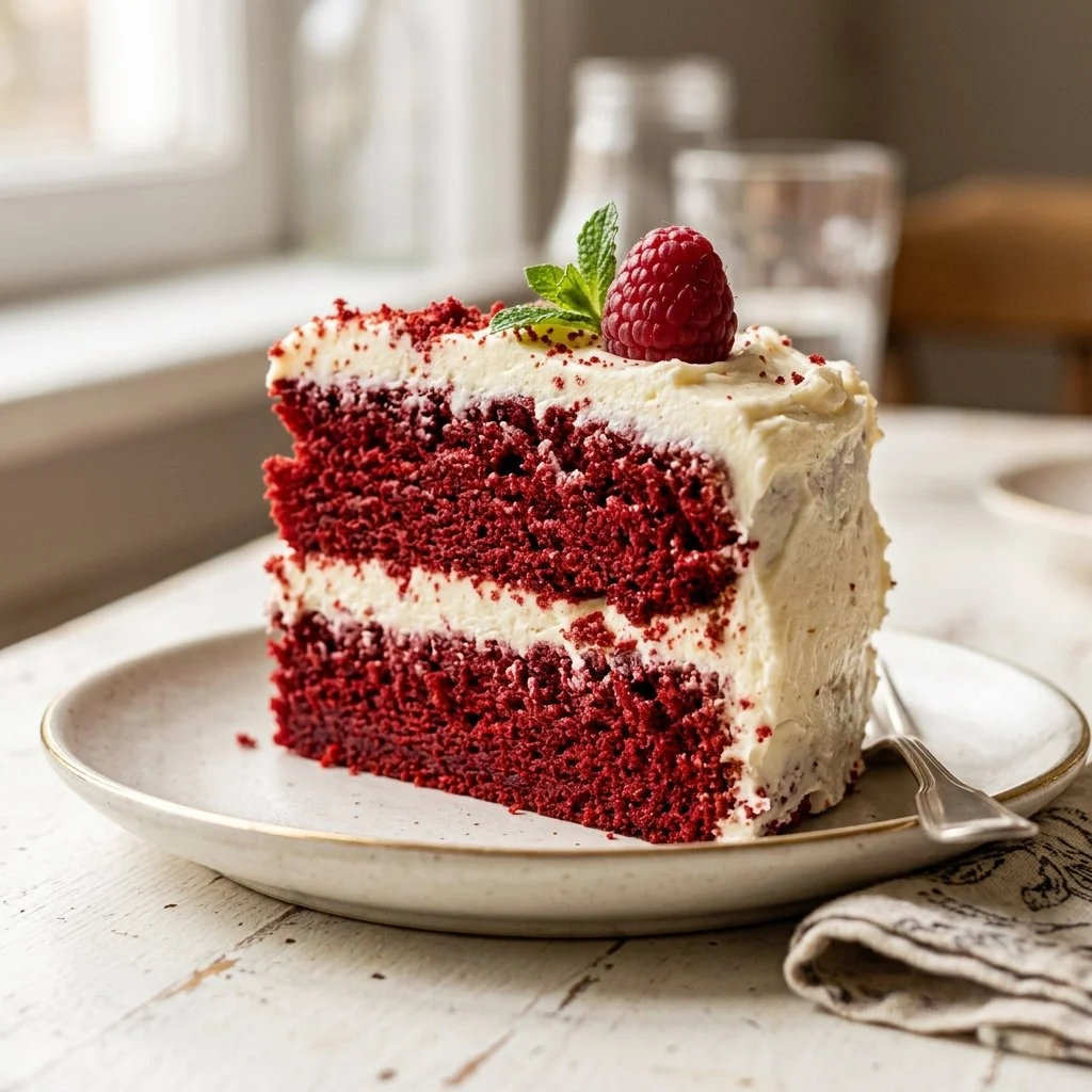 A slice of moist Red Velvet Cake topped with creamy frosting.