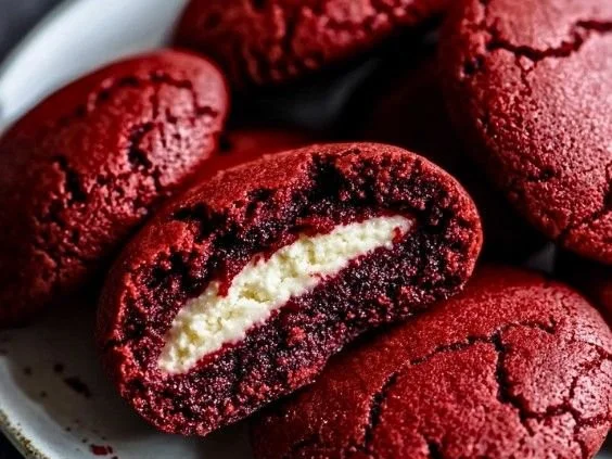 Delicious Red Velvet Cookies filled with Cream Cheese, perfect for dessert lovers.