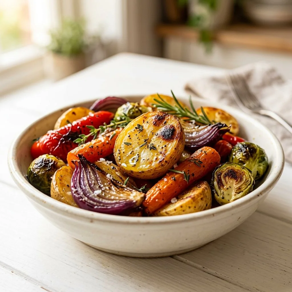 A colorful mix of roasted vegetables on a plate, showcasing a healthy dish.