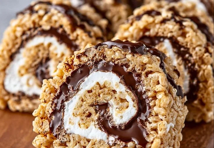 Rolled S'mores Rice Krispie Treats displayed on a plate