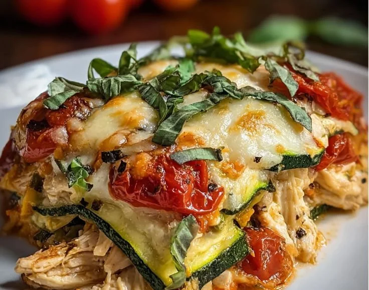 Rotisserie chicken zucchini casserole ready to serve