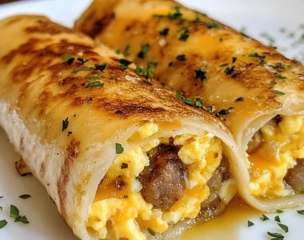Sausage egg and cheese breakfast roll-ups on a plate