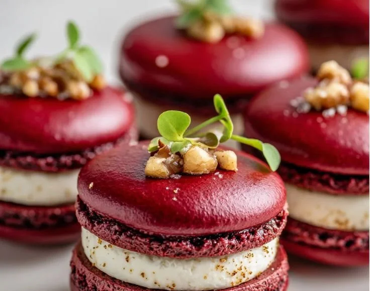 Savory beet macarons with a unique blend of flavors and vibrant color.