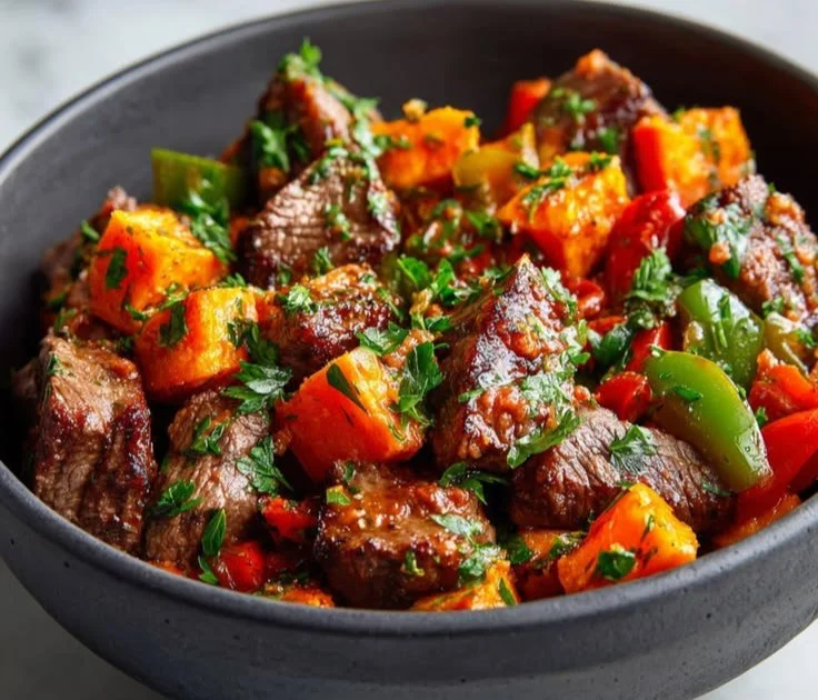 Savory steak bites served with sweet potatoes and colorful peppers on a plate