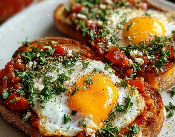 Delicious Shakshouka Toast topped with poached eggs and vibrant spices