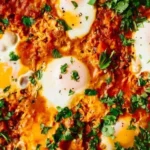 A vibrant plate of Shakshuka featuring poached eggs and rich tomato sauce.