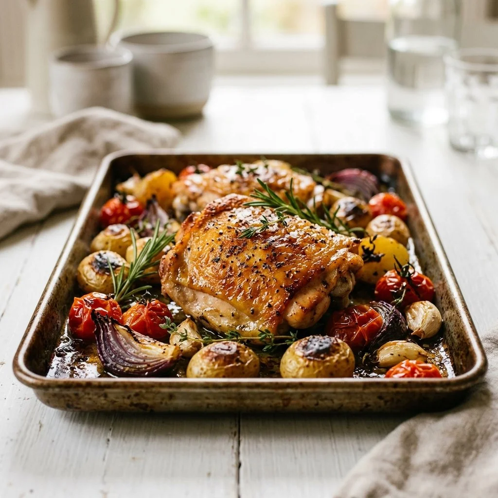 Easy sheet pan chicken recipe with colorful vegetables and seasonings.