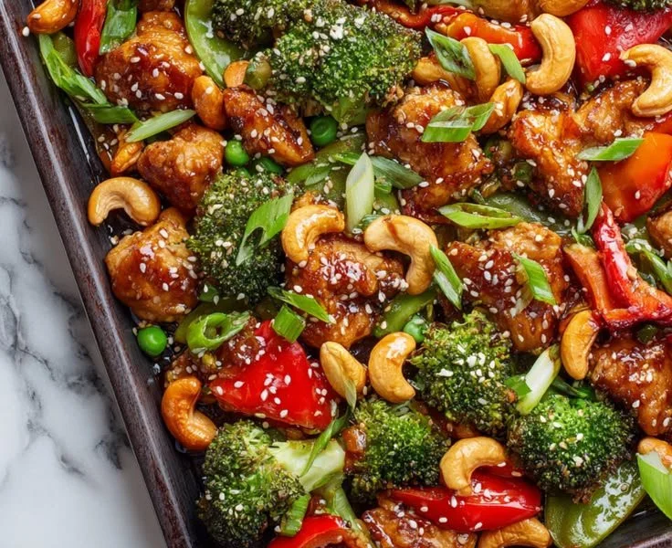 Sheet-Pan Chicken with Cashews and colorful roasted vegetables