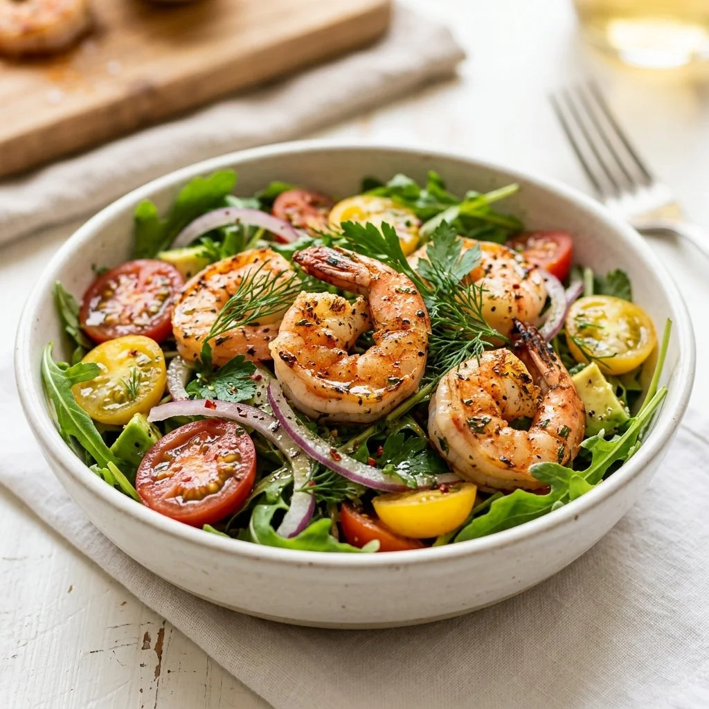 Fresh shrimp salad with vegetables and dressing served in a bowl