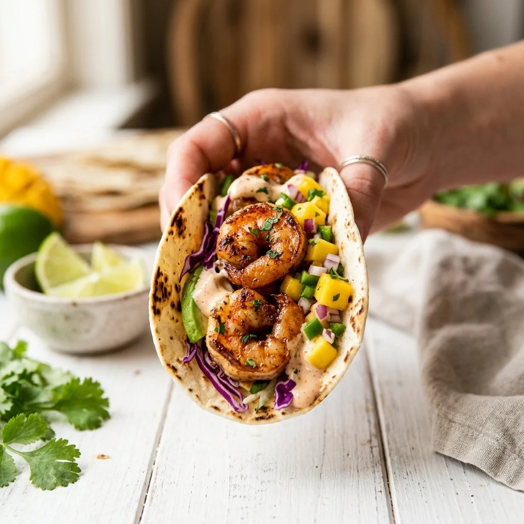 Delicious easy shrimp tacos served with fresh toppings and lime.