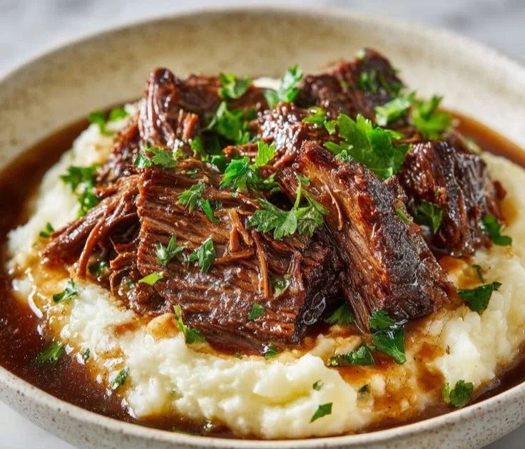 Delicious slow-cooked chuck roast with fresh vegetables.
