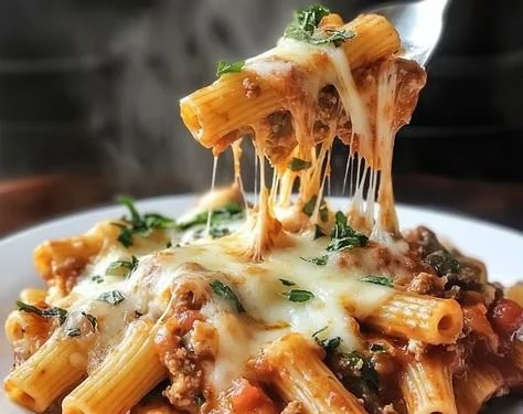 Delicious slow cooker baked ziti topped with melted cheese and fresh herbs