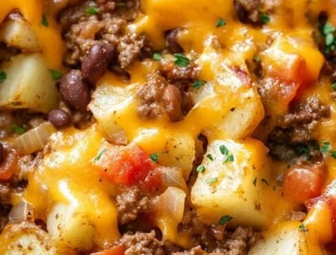 Slow Cooker Cowboy Casserole with beef, beans, and cheese served in a bowl