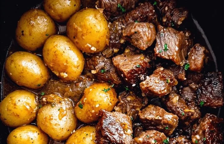 Slow cooker garlic butter beef bites with potatoes served in a bowl