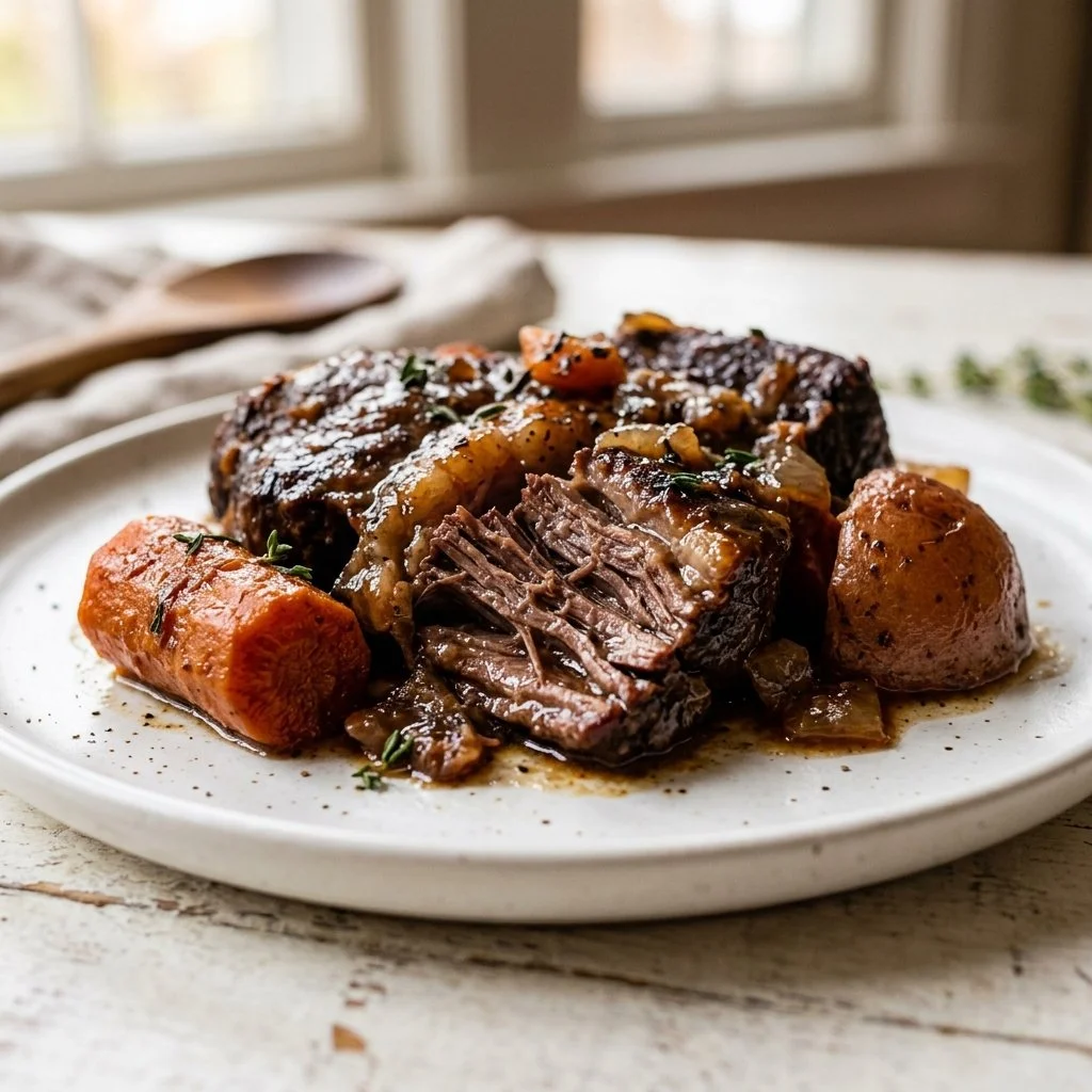 A delicious slow cooker pot roast with vegetables and herbs in a serving dish.