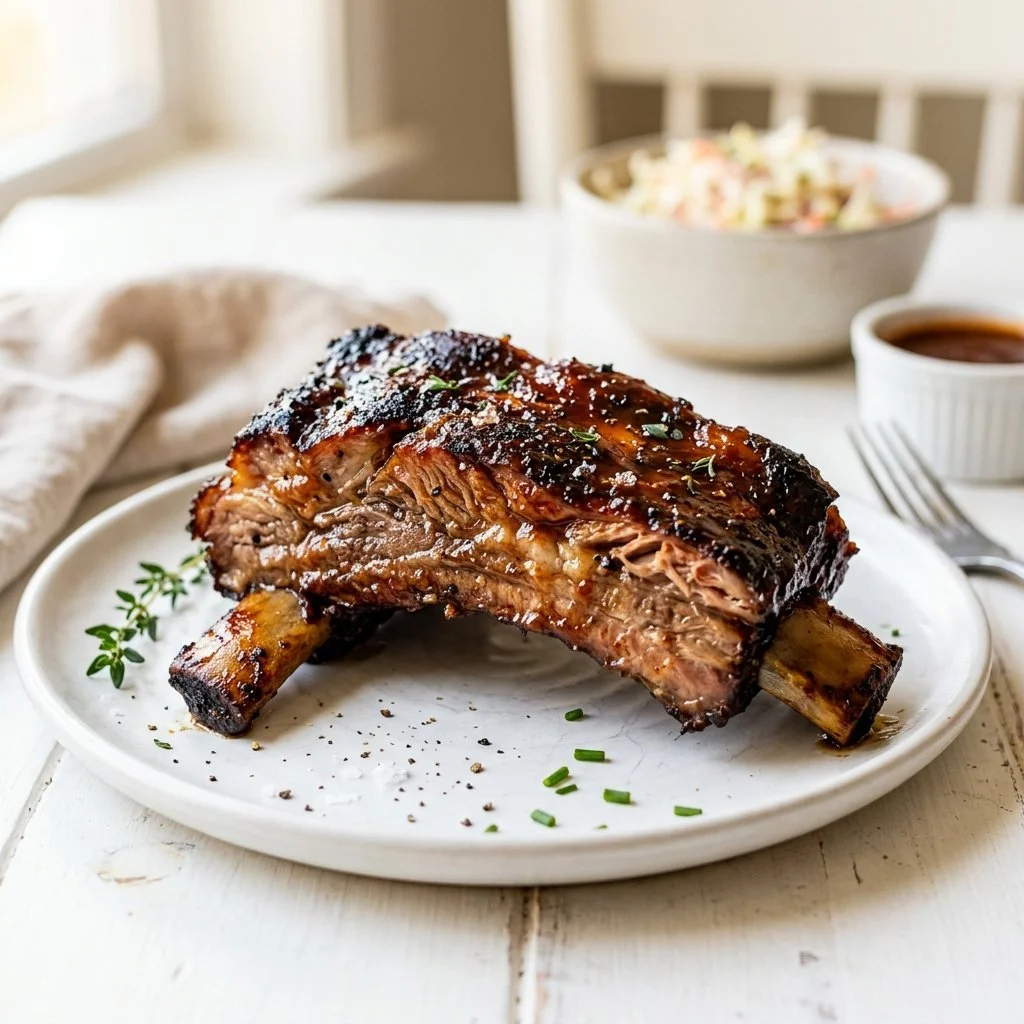Delicious slow cooker ribs plated with barbecue sauce and garnished with herbs
