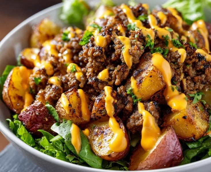Smash Burger Bowl with fresh ingredients and savory toppings