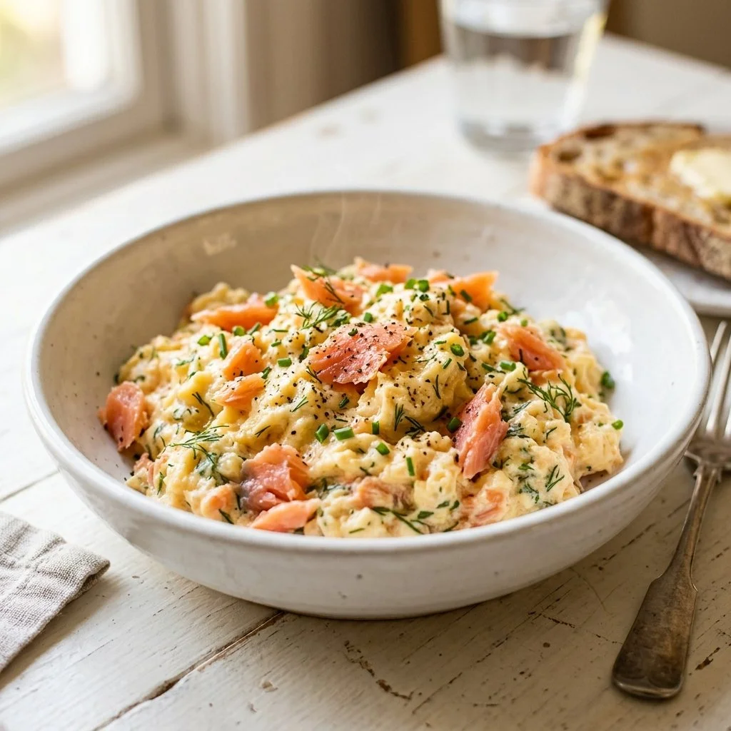 Delicious smoked salmon scrambled eggs served on a white plate