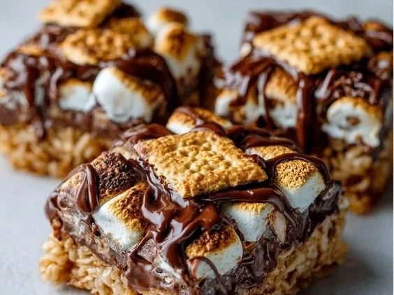 Delicious S'more Rice Krispy Treats with chocolate and graham crackers