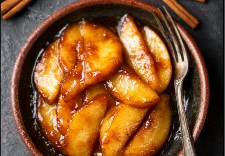 Southern Fried Apples served in a skillet, garnished with cinnamon and sugar.