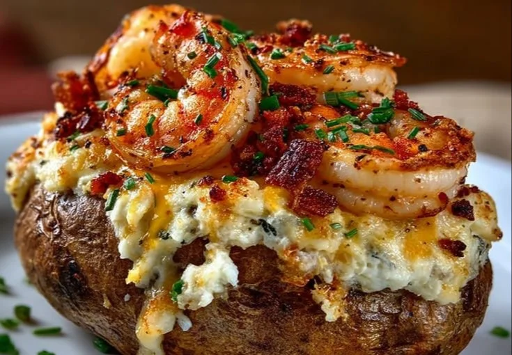 Delicious Southern-style seafood stuffed potatoes served with toppings.