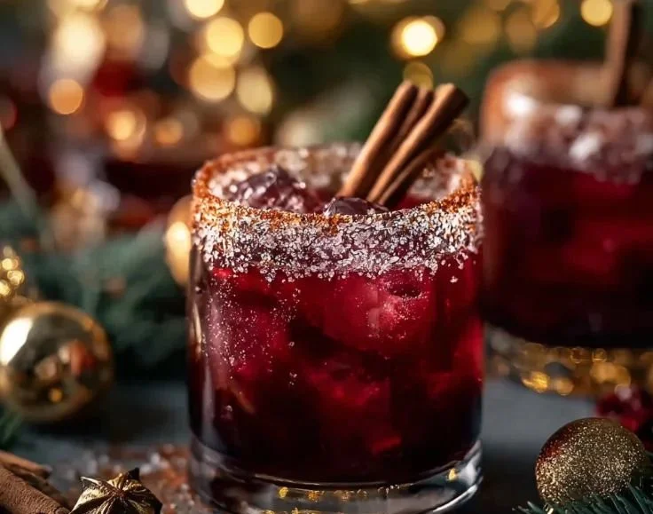 Spiced Christmas Margarita garnished with a cinnamon stick and lime slice