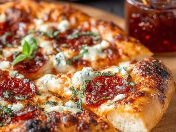 Spicy honey pepperoni pizza topped with ricotta cheese and fresh ingredients.