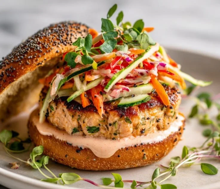 Spicy salmon burgers served with sriracha slaw on a plate.