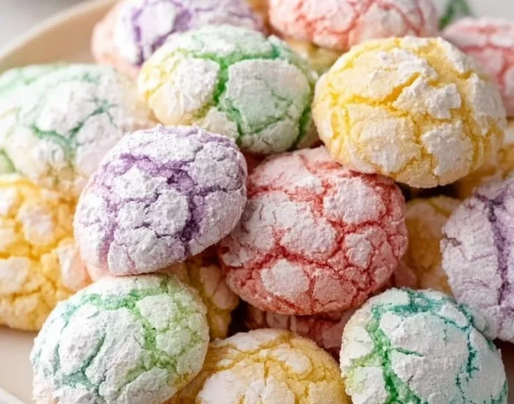 Delicious springtime crinkle cookies dusted with powdered sugar