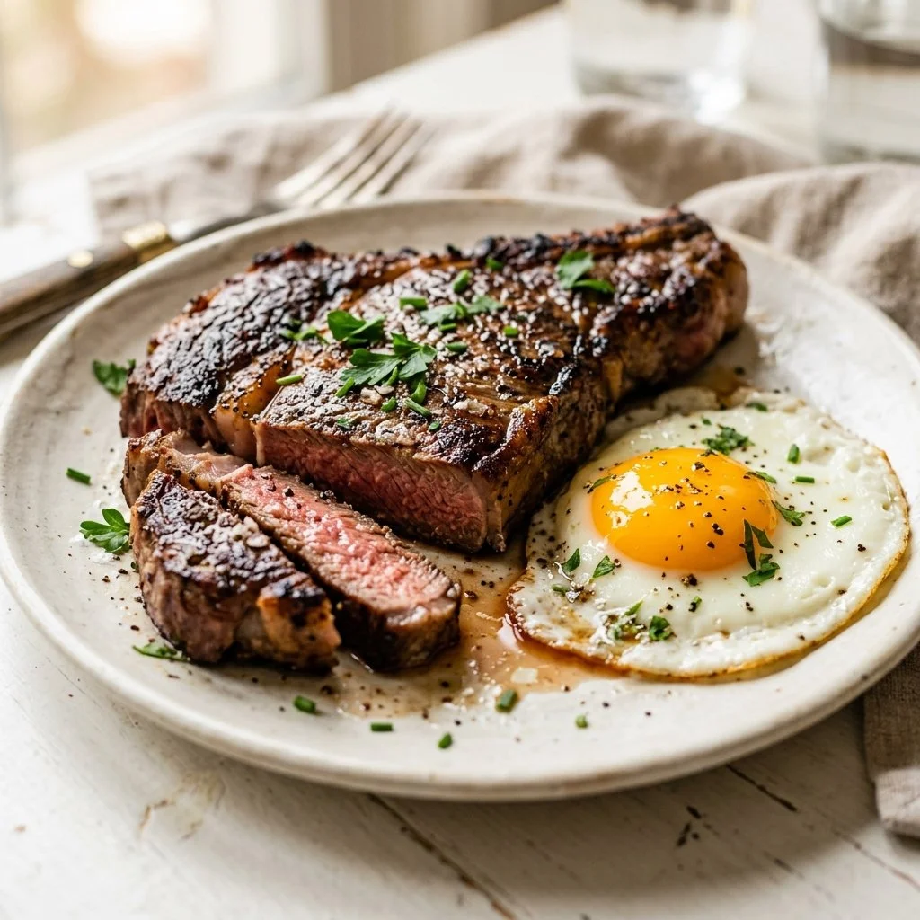Delicious steak and eggs breakfast plate featuring a juicy steak and perfectly cooked eggs