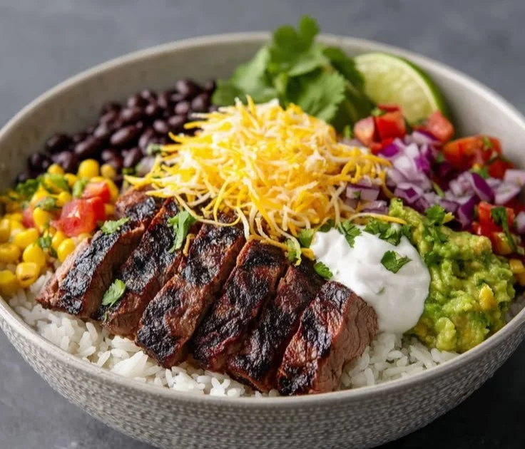 Delicious Steak Burrito Bowl topped with fresh ingredients and avocado