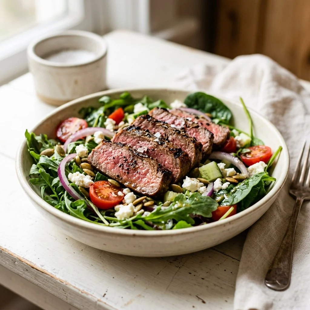 Delicious steak salad with grilled steak slices over fresh greens and vegetables