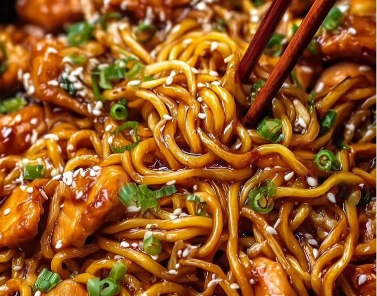 Delicious Sticky Garlic Chicken Noodles served in a bowl
