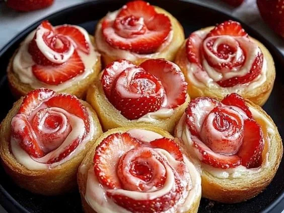 Freshly baked strawberry cheesecake sweet rolls with creamy filling and strawberries