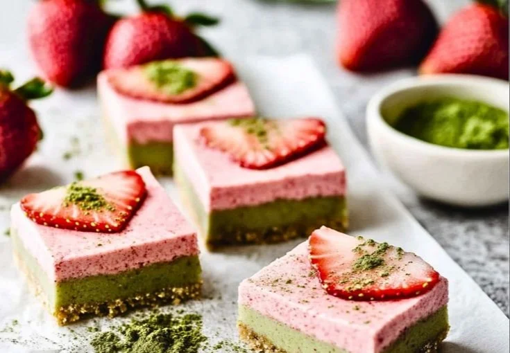 Strawberry Cream Bars topped with Matcha powder on a wooden table