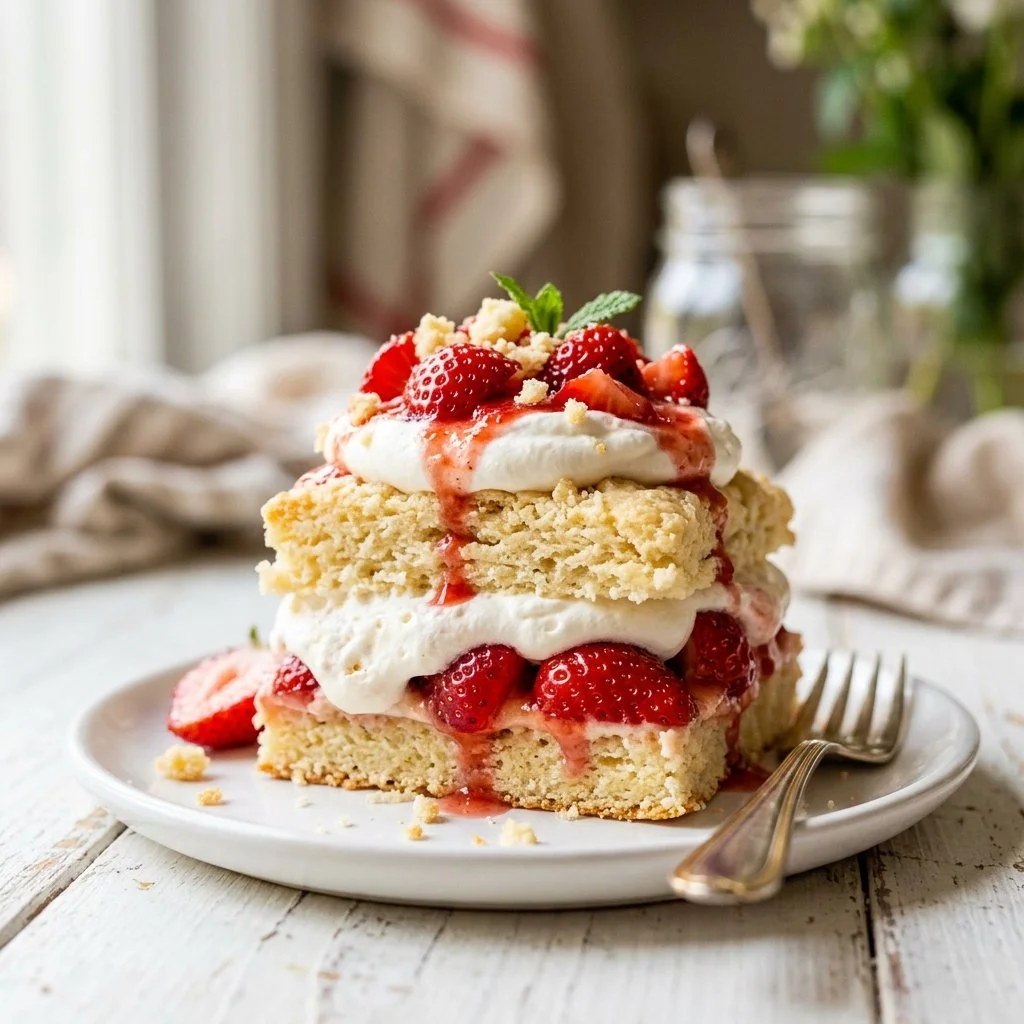 Delicious homemade strawberry shortcake layered with fresh strawberries and whipped cream