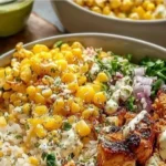 Colorful street corn chicken rice bowls topped with fresh ingredients and spices.